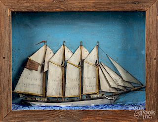 Carved and painted ship diorama