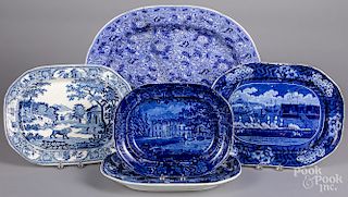 Five blue Staffordshire platters