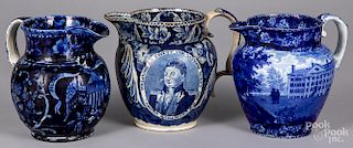 Three Historical blue Staffordshire pitchers