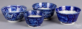 Four blue Staffordshire waste bowls
