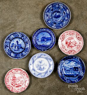 Seven Staffordshire cup and toddy plates