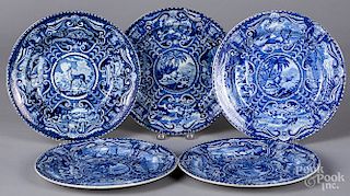 Four blue Staffordshire Quadrupeds plates, etc.