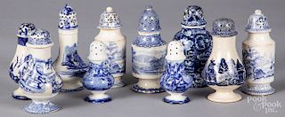 Ten blue Staffordshire pepperpots or shakers