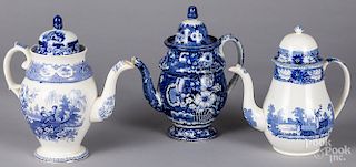 Three blue Staffordshire or pearlware coffee pots