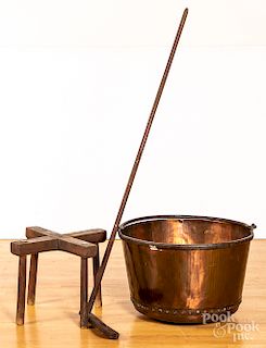 Copper apple butter kettle with wooden stand, etc