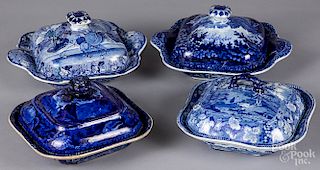 Four blue Staffordshire covered vegetable dishes