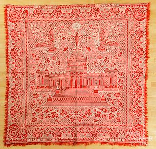 Red and white Centennial Memorial Hall coverlet