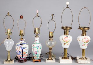 Six glass and porcelain table lamps