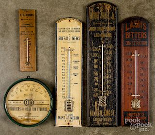 Four painted wood advertising thermometers, etc.