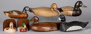 Five carved and painted duck decoys, etc.