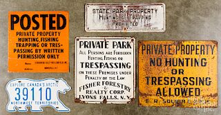 Group of tin hunting signs, etc.