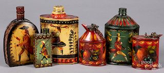 Six Peter Ompir and W. C. Wrede painted tin flasks