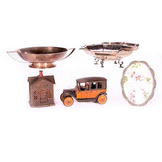 Two Iron toys, two dishes and a frame.