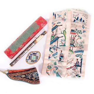 Three pieces of Chinese embroidery and and inlaid chopstick set.