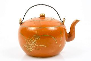 Chinese Orange and Floral Gilt Teapot, Marked
