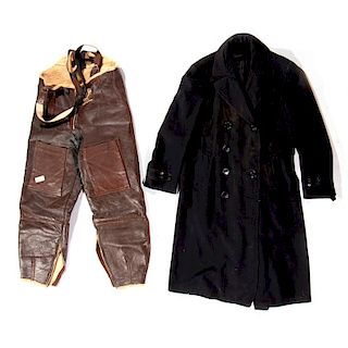 A pair of leather flight pants and a trench coat.