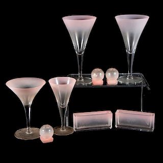A collection of pink stemware, etc.