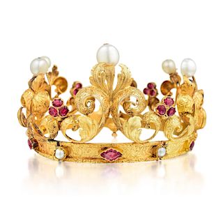 Victorian Ruby and Pearl Crown Bracelet