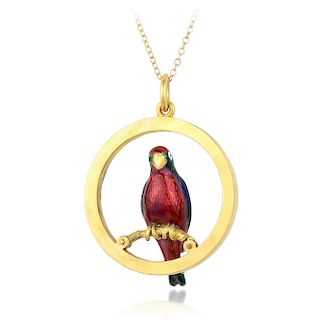 Antique Enamel Parrot Pendant Necklace