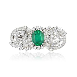 An Emerald and Diamond Bow Brooch