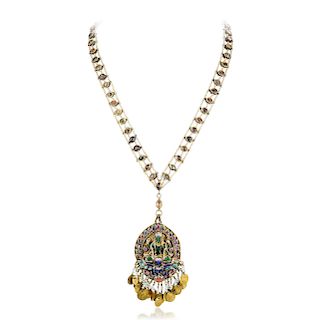 An Indian Multi-Colored Gemstone Deities Pendant Necklace
