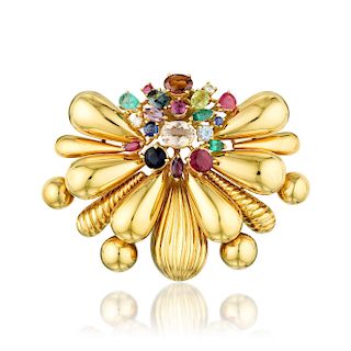 A Gold Multi-Colored Gemstone Clip/Pendant, Italian