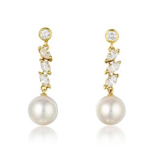 Mikimoto Cultured Pearl and Diamond Drop Earrings
