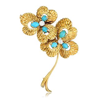 Van Cleef & Arpels Turquoise and Diamond Flower Pin