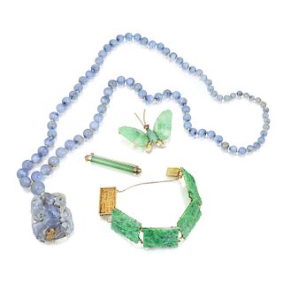 A Group of Antique Jade and Chalcedony Jewelry