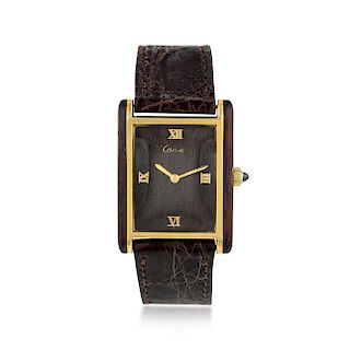 Cartier Tank Watch with Exotic Dial in Wood and 18K Gold Plate