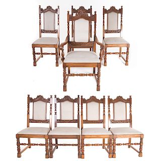 Lote de 7 sillas y sillón. SXX. En talla de madera. Con respaldos semiabiertos, chambrana en "C", fustes y soportes compuestos.