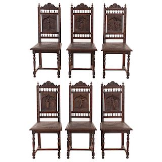 Lote de 6 sillas. Francia. Siglo XX. Estilo Bretón. En talla de madera de roble. Con respaldos semiabiertos, asientos de piel.