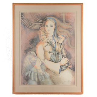 Yolanda Quijano. Mujer y niña. Firmado en el ángulo inferior derecho. Serigrafía 96/150. Enmarcado en madera tallada.