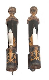 * A Pair of Continental Tole Painted Sconces Height 18 inches.
