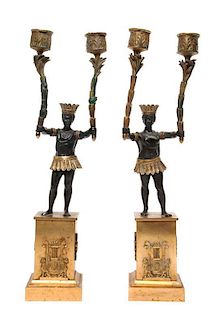 * A Pair of Empire Patinated and Gilt Bronze Two-Light Figural Candelabra Height 16 1/2 inches.
