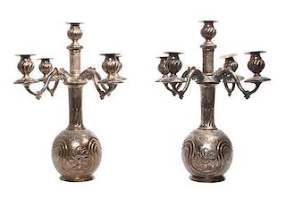 * A Pair of Continental Silver-Plate Five-Light Candelabra Height 18 x width 16 inches.