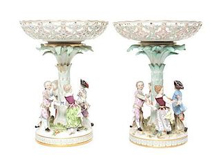A Pair of Meissen Porcelain Figural Compotes Height 12 1/2 x width 9 1/2 inches.