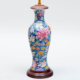 Chinese Porcelain Blue Ground Mille Fiore Vase Mounted as a Lamp