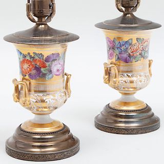 Pair of English Porcelain Urns Mounted as Lamps