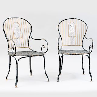 Pair of Painted Wrought-Iron Armchairs with Cockatoos