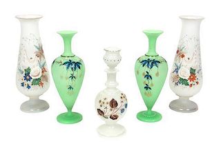 * Five American and English Enameled Glass Vases Height of largest 12 1/2 inches.