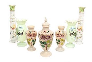 * Seven American and English Enameled Glass Vases Height of largest 15 5/8 inches.