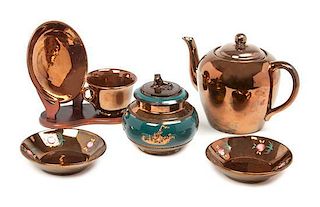 Six Copper Lusterware Articles Height of first 6 1/2 inches.