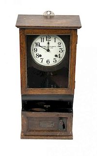 * An American Oak Wall Clock Height 30 x width 13 x depth 7 1/2 inches.