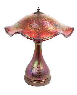 * A Lotton Studio Glass Peacock Table Lamp Height 21 x diameter 19 inches.