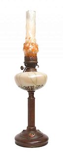 A Loetz Bronze and Glass Oil Lamp Height 26 3/4 inches.