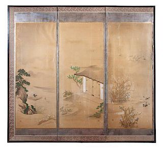 A Three-Panel Japanese Screen Height 75 x width 78 x depth 3 1/4 inches.