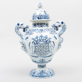 Continental Tin Glazed Earthenware Armorial Vase and Cover, Probably French