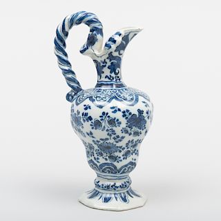 Dutch Delft Blue and White Small Ewer with Rope Twist Handle