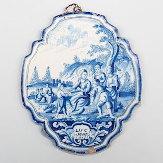 Dutch Delft Blue and White Small Cartouche Shaped Plaque
